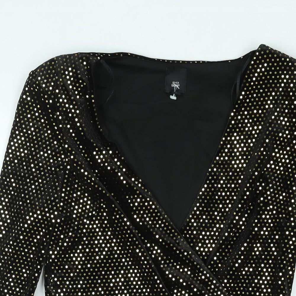 River Island Womens Black Polyester Bodycon Size 10 V-Neck Pullover - Shoulder Pads Gold Sequin
