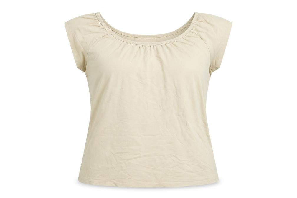 Front view of Wallis women’s beige cotton basic blouse, size UK 16, boat neck