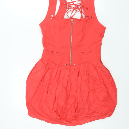 River Island Womens Pink Cotton Shift Size 12 Square Neck Zip - Lace Up Back
