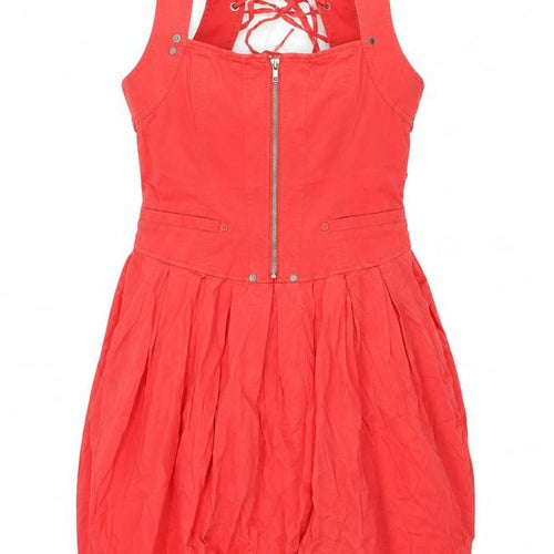 River Island Womens Pink Cotton Shift Size 12 Square Neck Zip - Lace Up Back