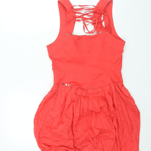 River Island Womens Pink Cotton Shift Size 12 Square Neck Zip - Lace Up Back