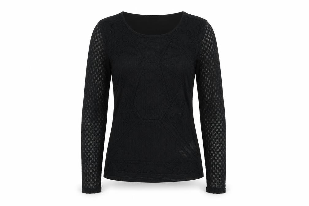 Front view of H&M women’s black polyester basic blouse, size S, round neck - lace