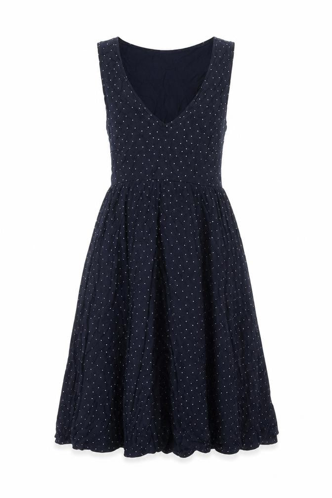 Front view of H&M women’s blue viscose fit & flare, size XS, v-neck pullover