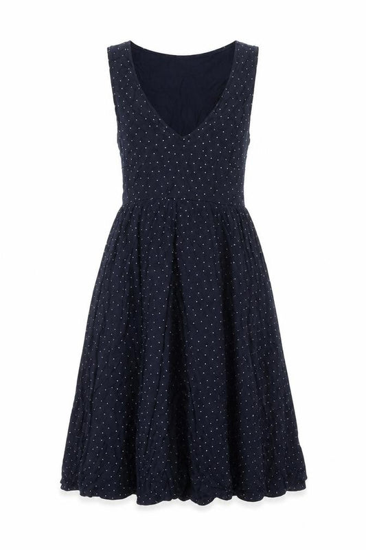Front view of H&M women’s blue viscose fit & flare, size XS, v-neck pullover