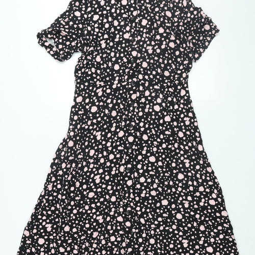 Marks and Spencer Womens Black Geometric Viscose Shift Size 14 Collared Button