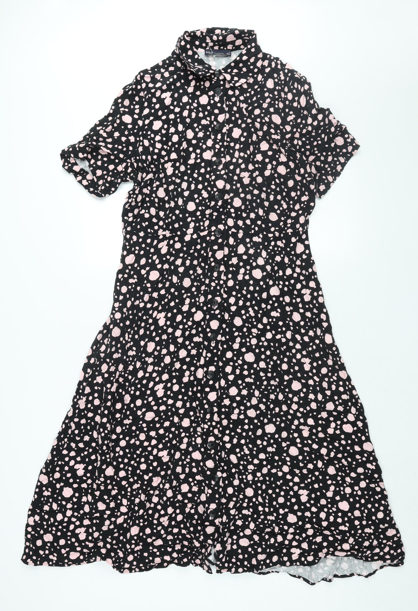 Marks and Spencer Womens Black Geometric Viscose Shift Size 14 Collared Button