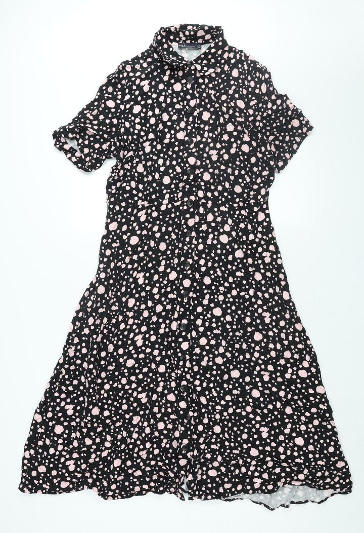 Marks and Spencer Womens Black Geometric Viscose Shift Size 14 Collared Button