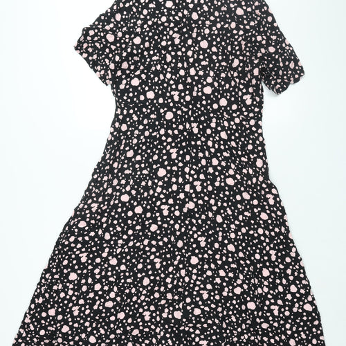 Marks and Spencer Womens Black Geometric Viscose Shift Size 14 Collared Button