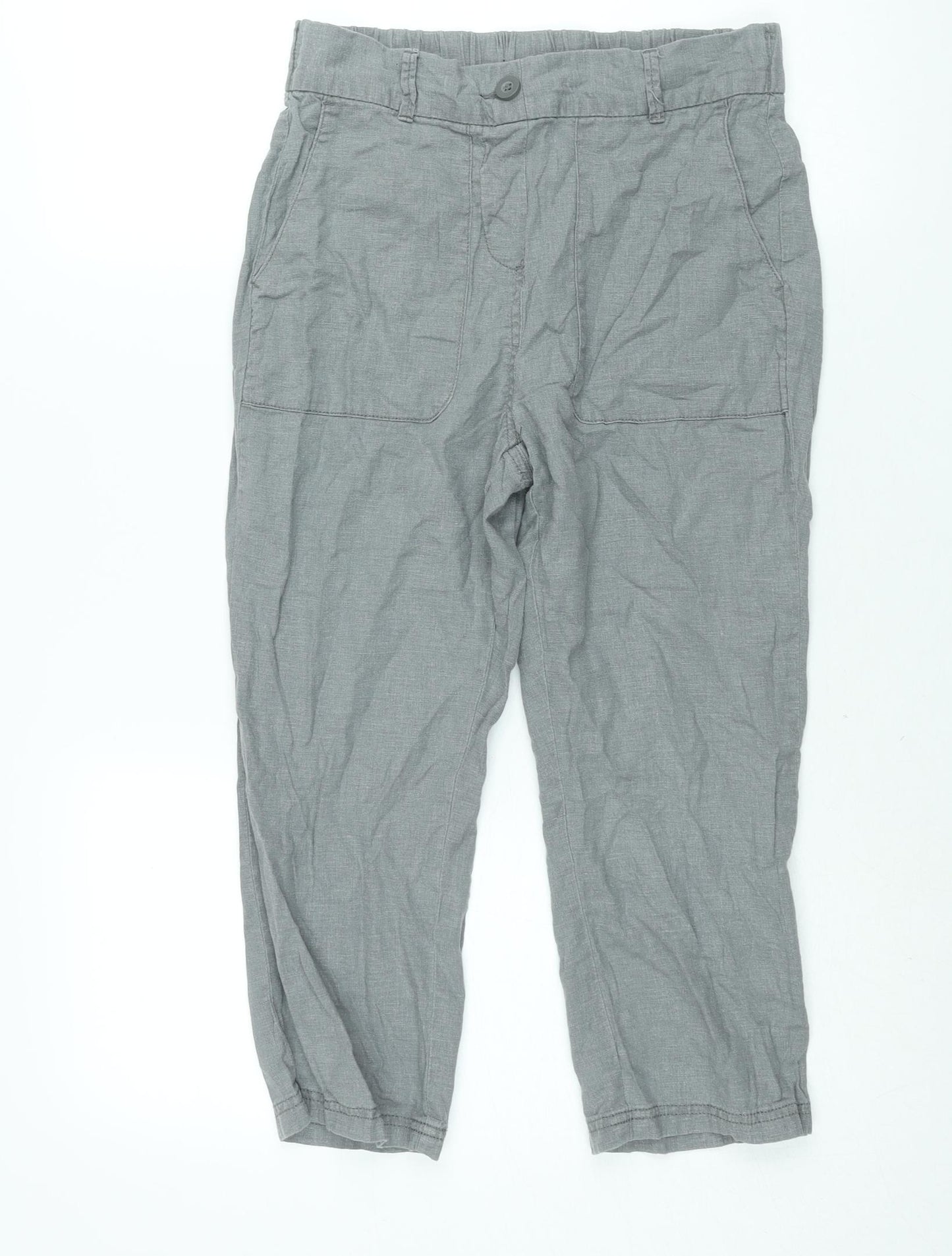 Bonmarché Womens Grey Linen Carpenter Trousers Size 10 L20 in Regular - Elasticated Waist