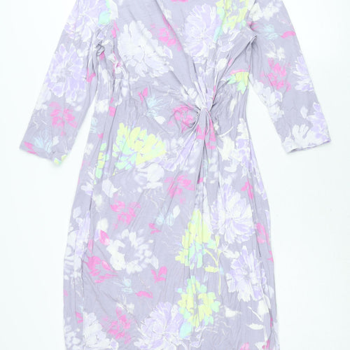 Classic Womens Purple Floral Viscose Shift Size 14 Boat Neck Pullover - Twist Detail