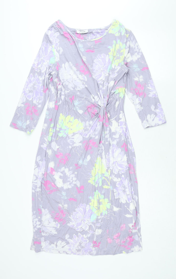 Classic Womens Purple Floral Viscose Shift Size 14 Boat Neck Pullover - Twist Detail