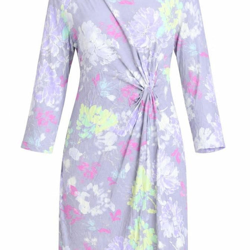Classic Womens Purple Floral Viscose Shift Size 14 Boat Neck Pullover - Twist Detail
