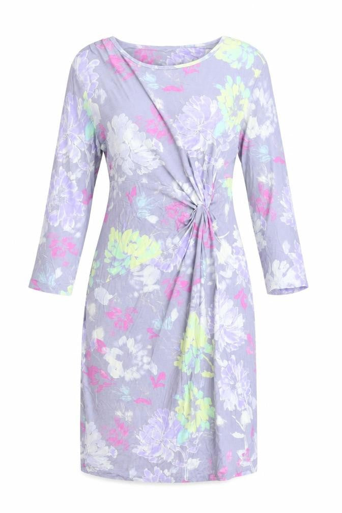 Classic Womens Purple Floral Viscose Shift Size 14 Boat Neck Pullover - Twist Detail