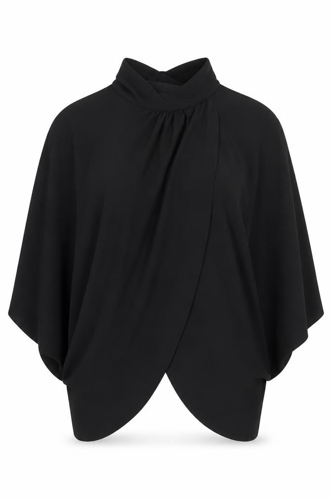 Front view of PRETTYLITTLETHING women’s black polyester cropped blouse, size UK 4, mock neck