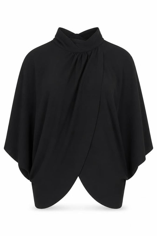 Front view of PRETTYLITTLETHING women’s black polyester cropped blouse, size UK 4, mock neck
