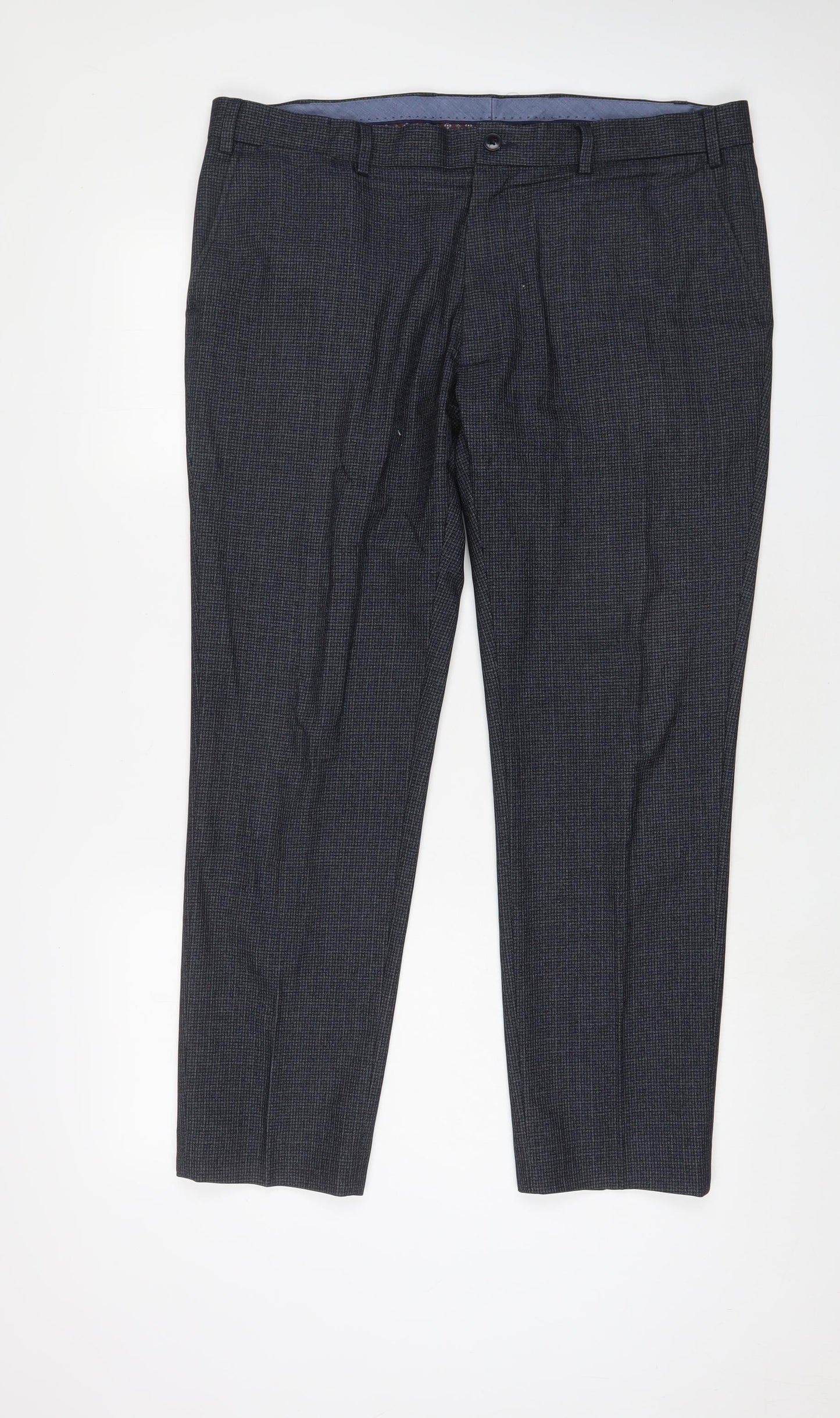 Marks and Spencer Mens Grey Herringbone Polyester Trousers Size 38 in L29 in Regular Zip - Short Leg, Pockets