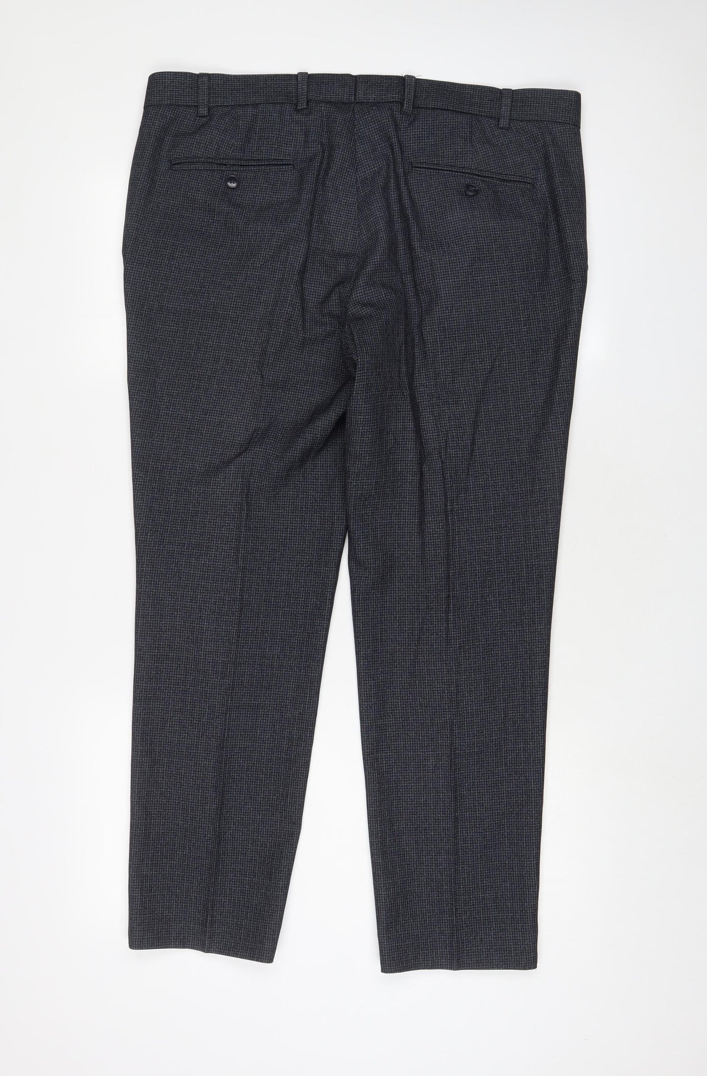 Marks and Spencer Mens Grey Herringbone Polyester Trousers Size 38 in L29 in Regular Zip - Short Leg, Pockets