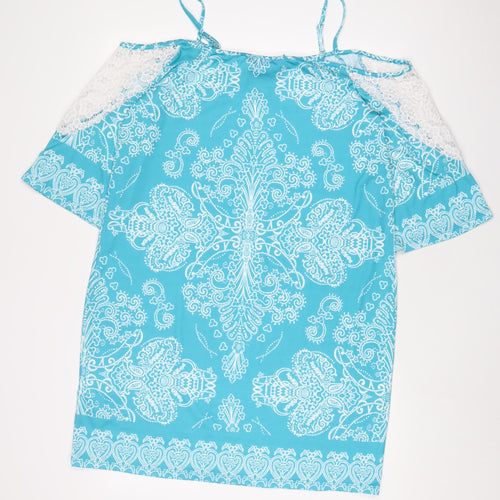 Kaleidoscope Womens Blue Fair Isle Polyester A-Line Size 16 Boat Neck Pullover - Lace