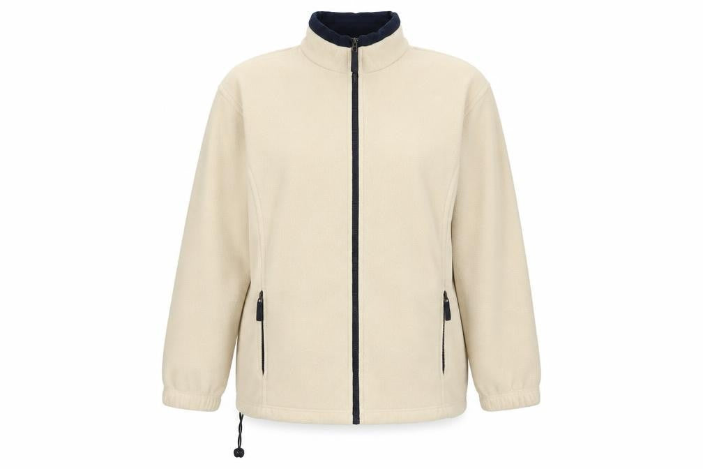 Front view of Marks & Spencer women’s beige jacket, size UK 16, zip - zip pockets