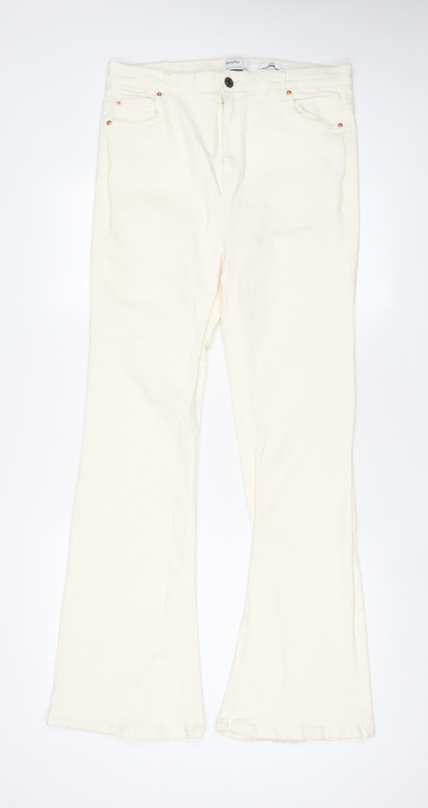Bershka Womens Ivory Cotton Flared Jeans Size 16 L32 in Regular Zip