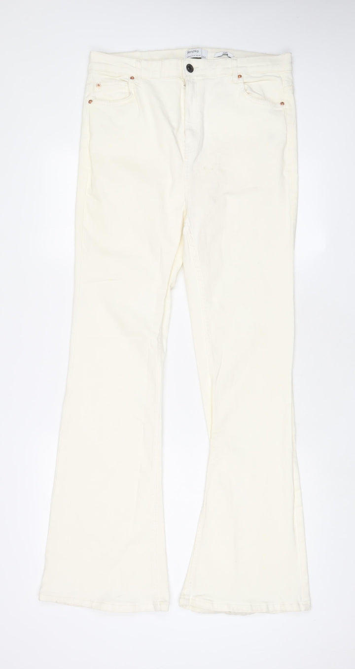 Bershka Womens Ivory Cotton Flared Jeans Size 16 L32 in Regular Zip