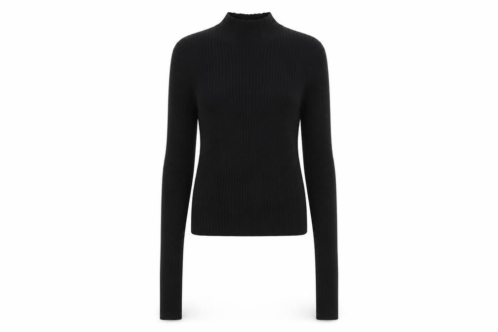 Front view of H&M women’s black high neck viscose jumper, size M