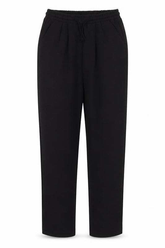 Front view of PRETTYLITTLETHING women’s black polyester trousers, size UK 10, 24-inch leg regular drawstring