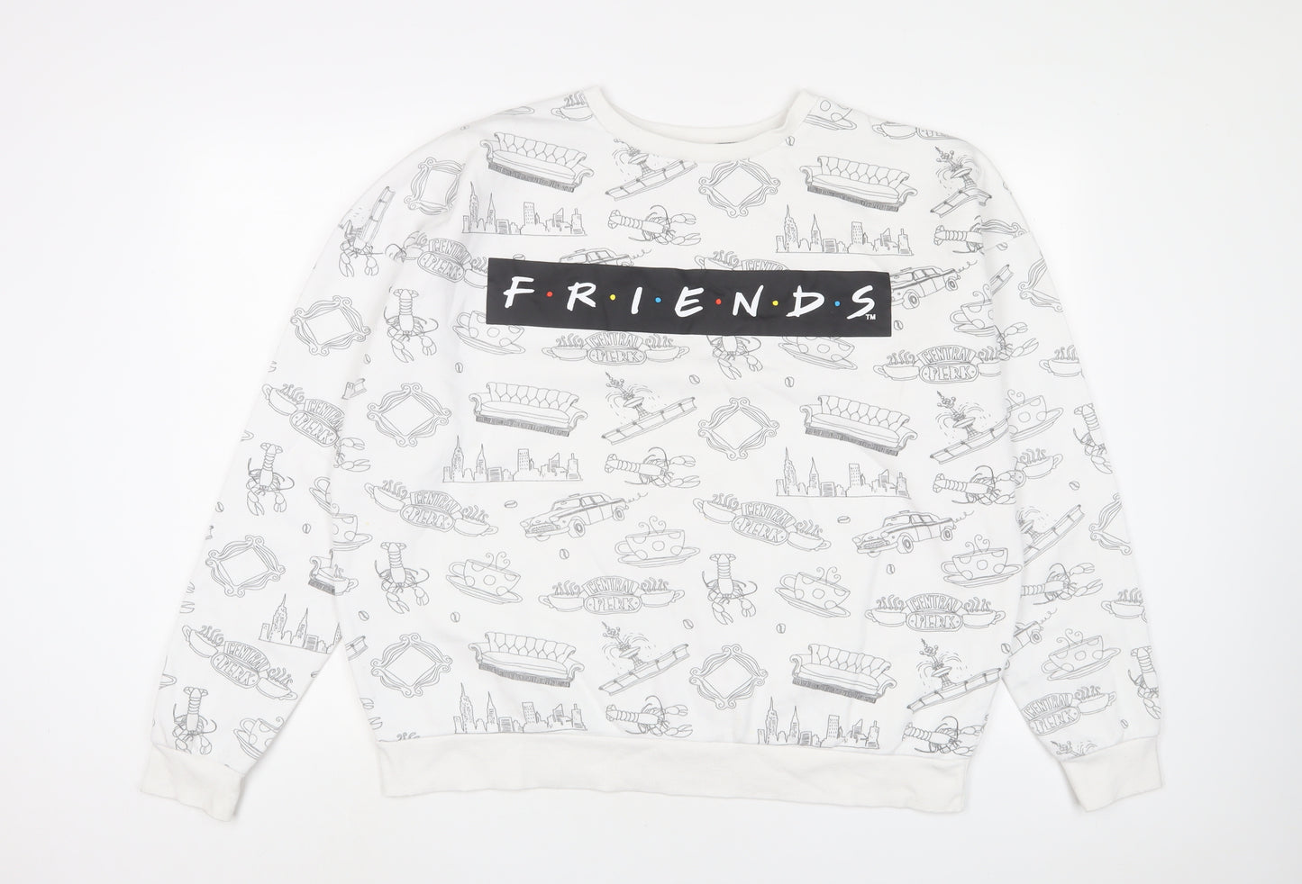 Friends Womens White Geometric Cotton Pullover Sweatshirt Size XL Pullover