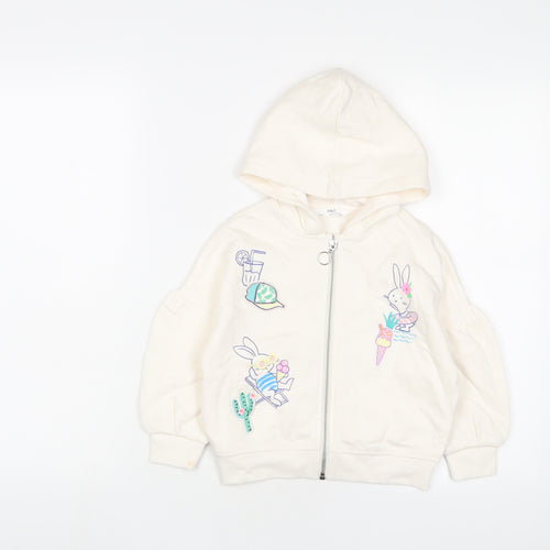 Marks and Spencer Girls Ivory Cotton Full Zip Hoodie Size 3-4 Years Zip - Embroidered