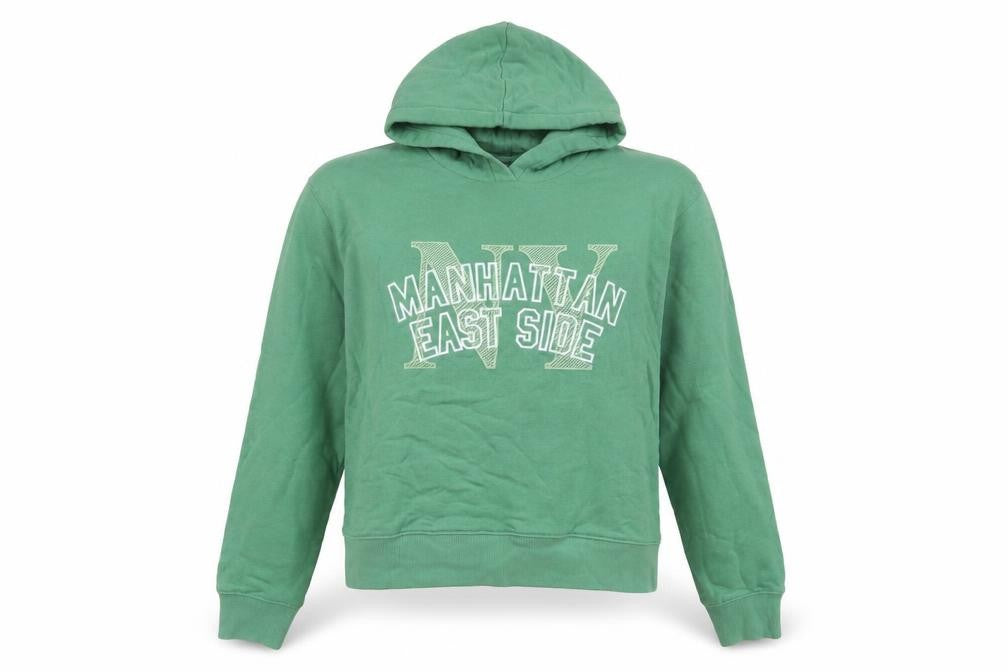 Front view of Marks & Spencer women’s green cotton pullover hoodie, size XS, pullover - embroidered