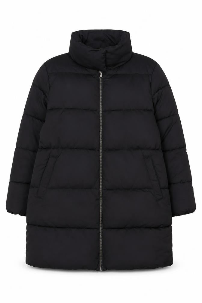 Front view of Onfire women’s black quilted coat, size UK 20, zip