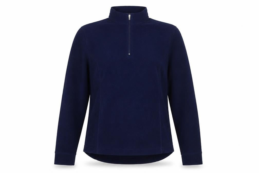 Front view of mountain river sea women’s blue polyester pullover sweatshirt, size UK 8, zip
