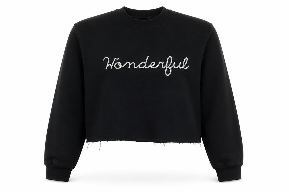 Front view of Miss Selfridge women’s black cotton pullover sweatshirt, size M, pullover