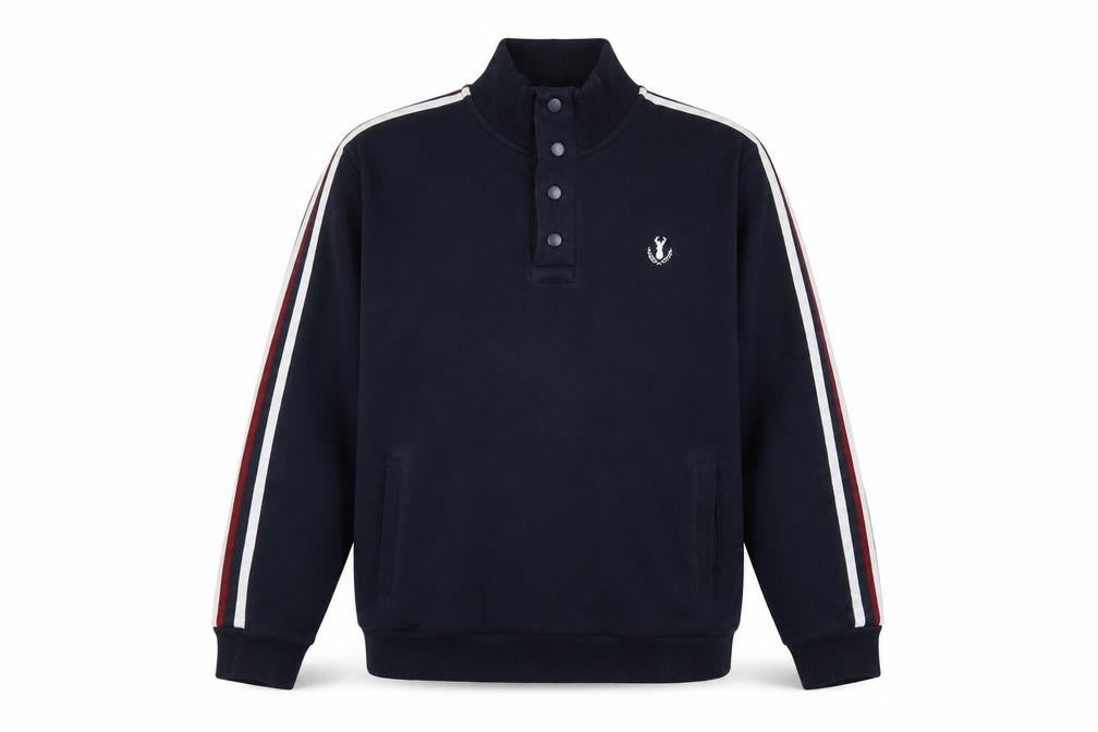 Front view of Next men’s blue striped cotton pullover sweatshirt, size M, - logo, embroidered