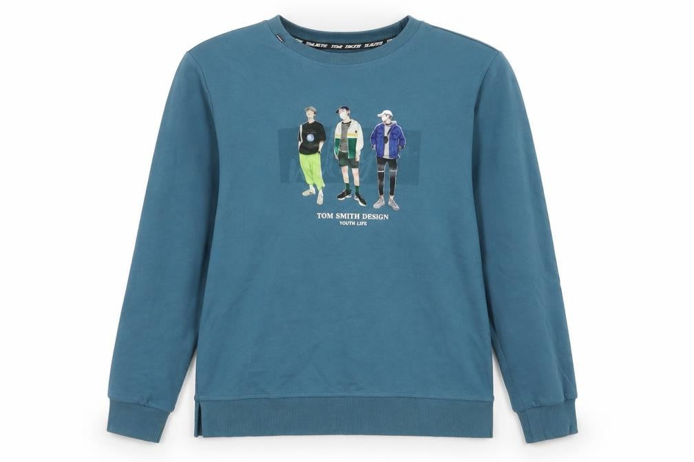 Front view of Tom Smith women’s blue cotton pullover sweatshirt, size M, pullover