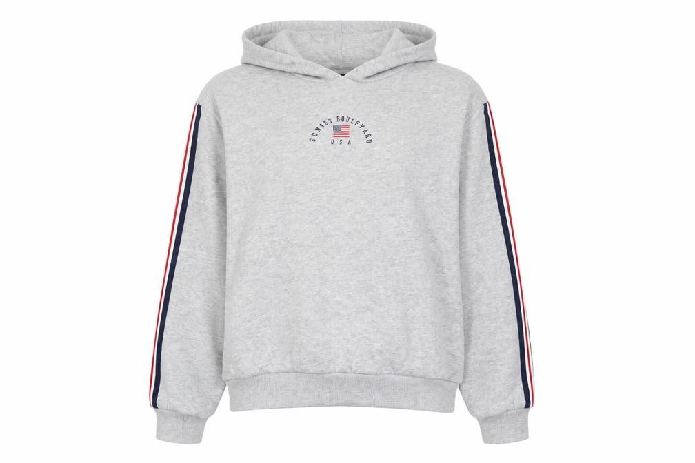 Front view of H&M women’s grey cotton pullover hoodie, size M, pullover