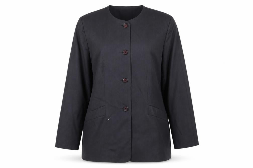 Front view of Jake women’s blue jacket blazer, size UK 14, button