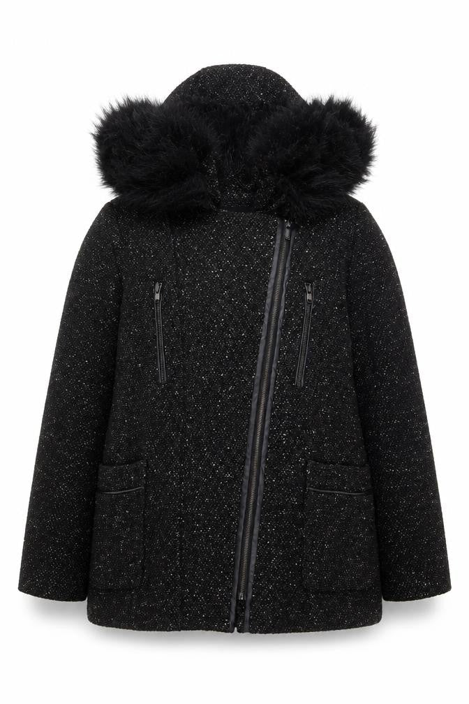 Front view of New Look women’s black jacket coat, size UK 12, zip