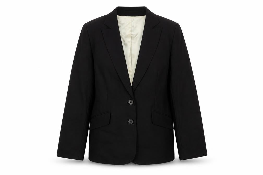Front view of Oasis women’s black jacket blazer, size UK 10, button