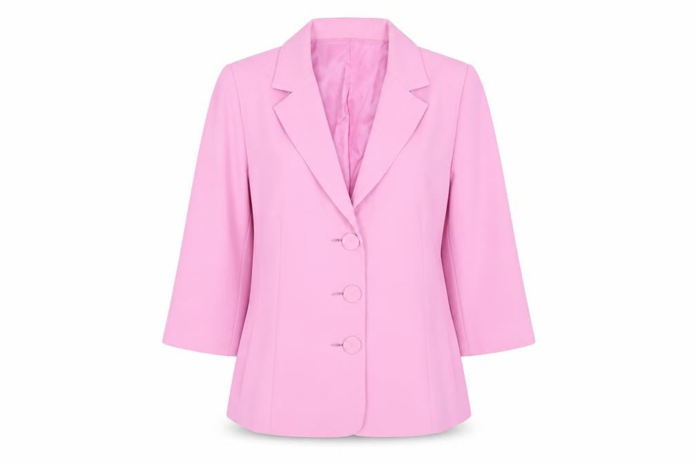 Front view of Jorgina women’s pink jacket blazer, size UK 12, button