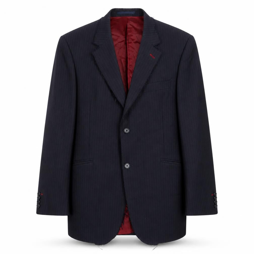 Front view of Crosshatch men’s blue striped wool jacket suit jacket, size L, regular