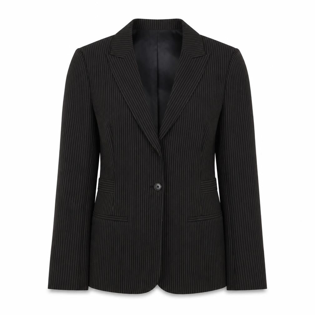 Front view of Episode women’s black striped jacket blazer, size UK 10, button