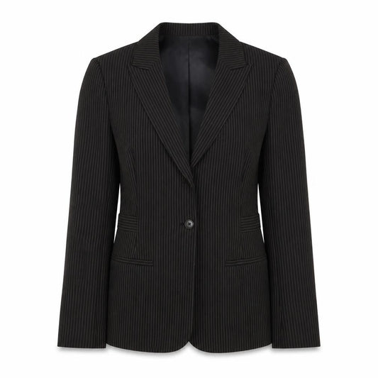 Front view of Episode women’s black striped jacket blazer, size UK 10, button
