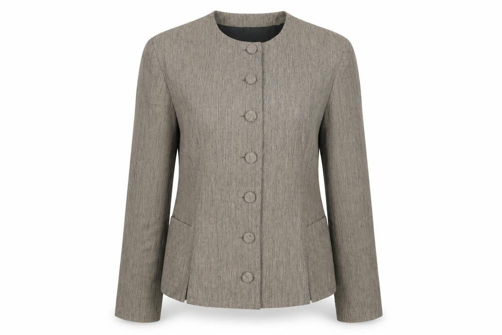 Front view of Part Two women’s beige jacket blazer, size S, button