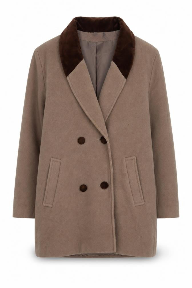 Front view of NuAge women’s brown overcoat coat, size UK 12, button