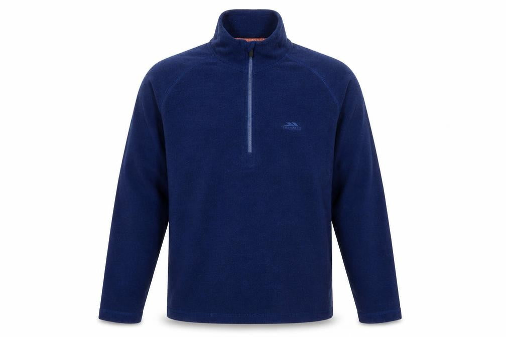 Front view of Trespass men’s blue crew neck polyester jumper, size L, long sleeve