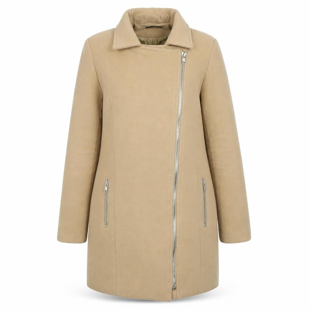 Front view of Missguided women’s beige overcoat coat, size UK 8, zip