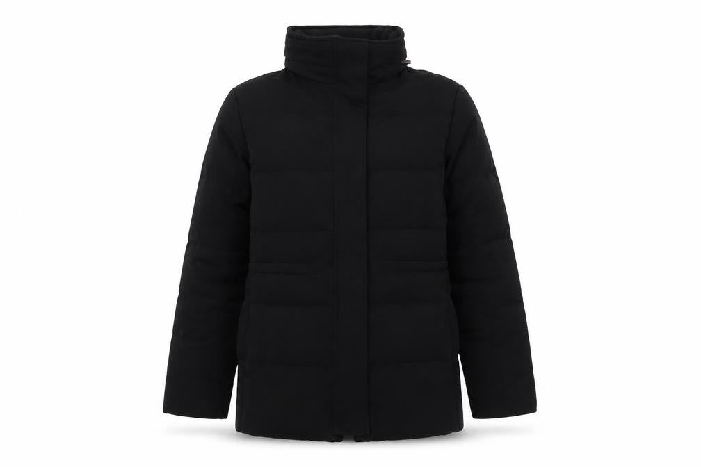 Front view of Talbots women’s black puffer jacket jacket, size S, zip