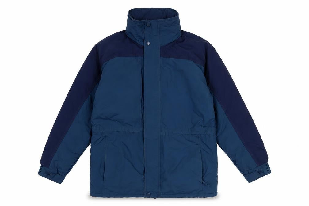 Front view of Alexandra men’s blue anorak coat, size M, zip