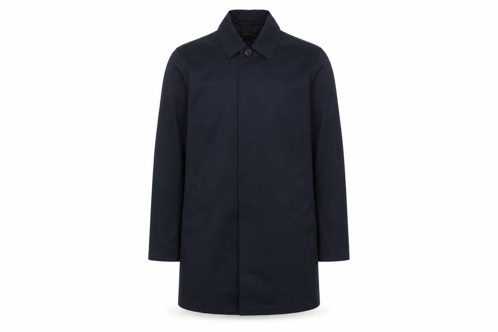 Front view of MVP men’s blue overcoat coat, size S, button